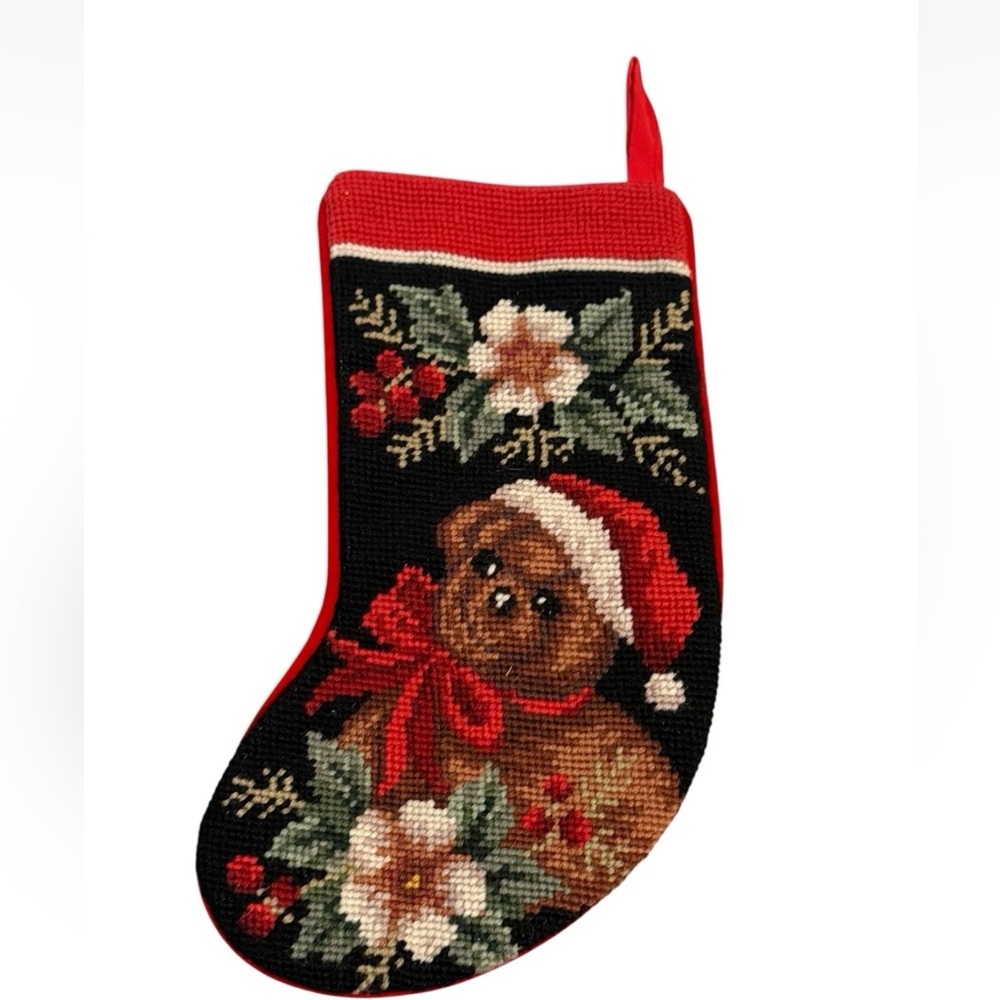 Vintage Needlepoint Christmas‎ Tree Stocking Wool  11.5" Victorian Bear Handmade